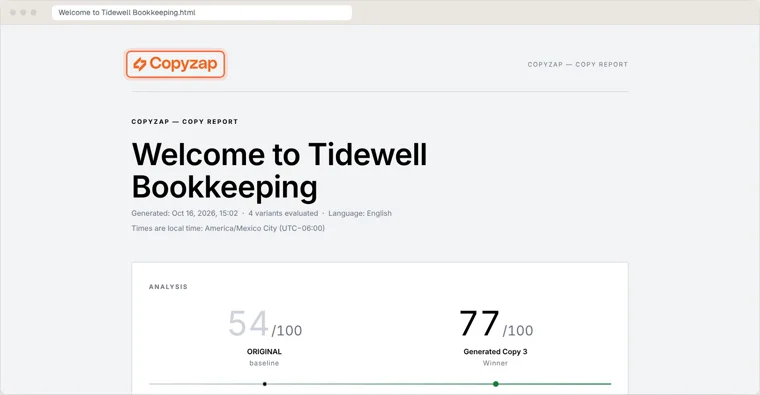 Standard CopyZap report for Tidewell Bookkeeping, with the CopyZap logo at the top and the header CopyZap — Copy report