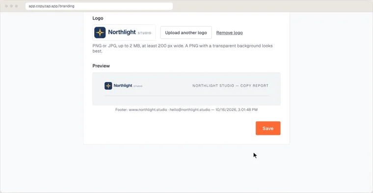 CopyZap Report branding page with the Northlight Studio logo uploaded, a preview of the report header and footer, and the Save button