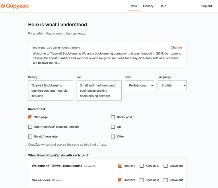 CopyZap check screen, Here is what I understood: selling, audience, tone and language fields, and the kind of text, including Short text for a USP, headline or slogan