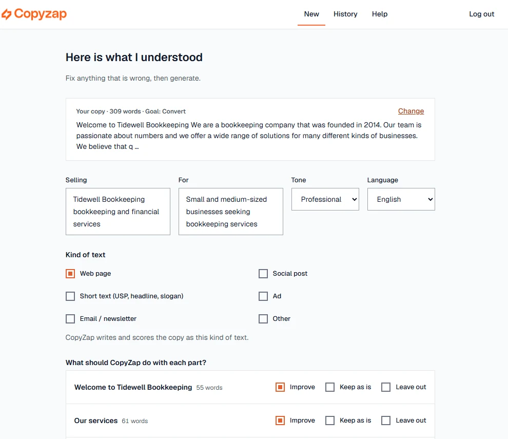 Here is what I understood: the copy summary, Selling, For, Tone, Language and the six kinds of text, with Web page chosen