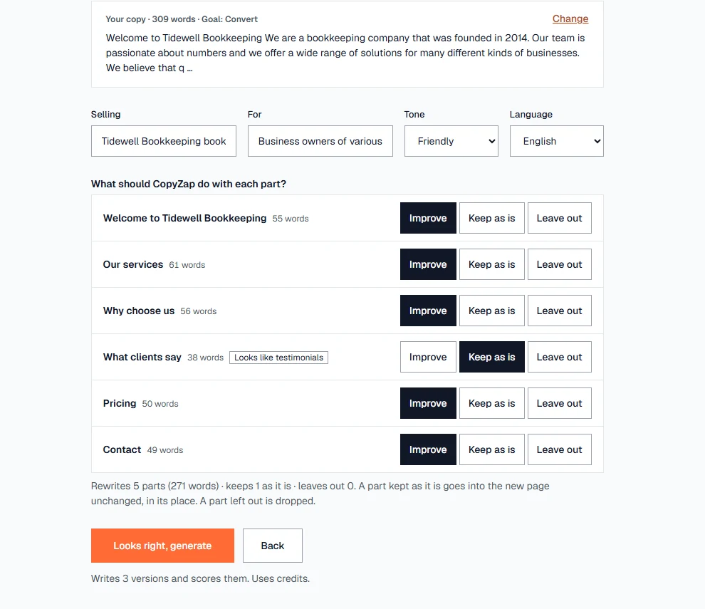 Six parts of the Tidewell page, each with Improve, Keep as is and Leave out; What clients say is set to Keep as is and marked Looks like testimonials