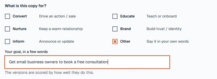 What is this copy for: six goals in two columns, with Other chosen and an own goal typed in