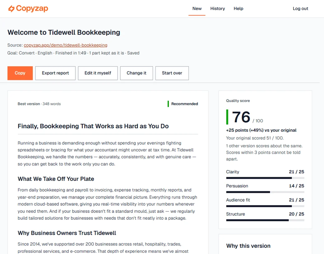 The result page: the best version with its 348 words, and a quality score of 76 out of 100, 25 points above the original
