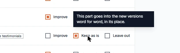 A tip above Keep as is: This part goes into the new versions word for word, in its place.